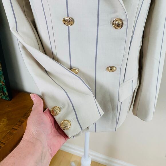 By Egreis Sz XS 2-Piece Suit Pants w/ Double Breasted Blazer Cream Blue Striped - Picture 5 of 13